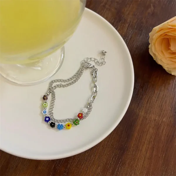 Colorful Glass Small Flower Double-Layer Bracelet - Image 4