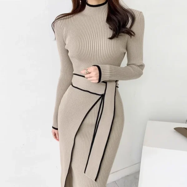 Elegant Lace-Up Turtleneck Knitted Dress