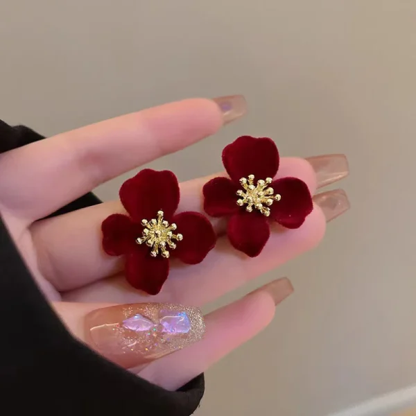 Red Flocked Fabric Bowknot Earrings - Image 4