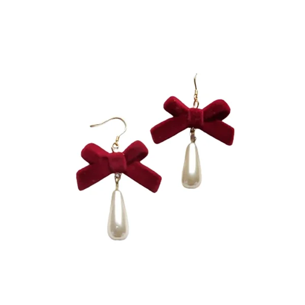 Red Flocked Fabric Bowknot Earrings