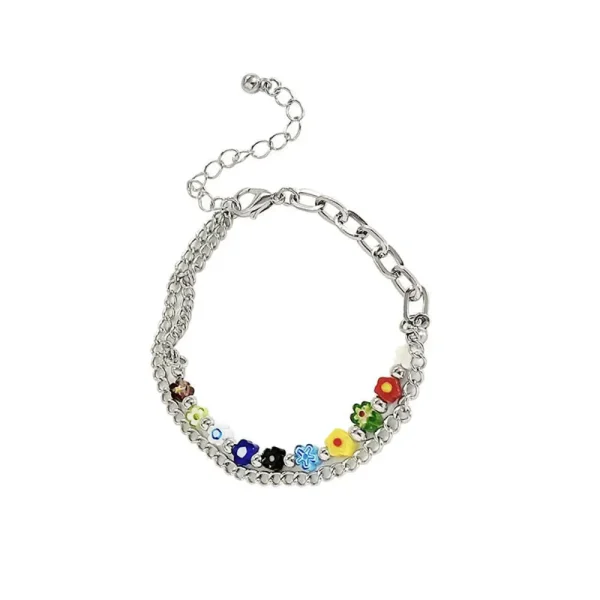 Colorful Glass Small Flower Double-Layer Bracelet - Image 6