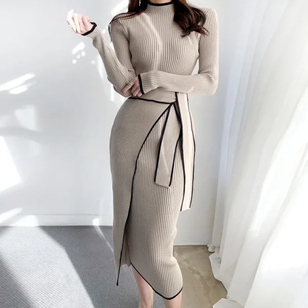 Elegant Lace-Up Turtleneck Knitted Dress - Image 5