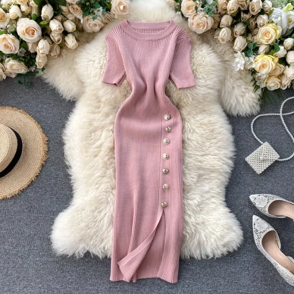 Korean Vintage High Waist Knitted Dress - Image 4