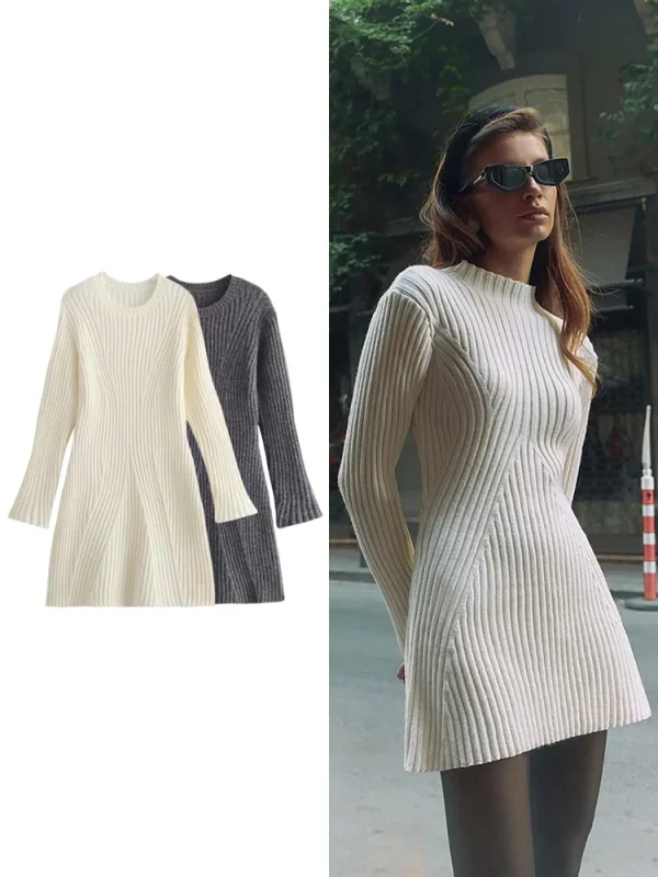 Women's Ribbed Knit Long-Sleeve Sweater Dress