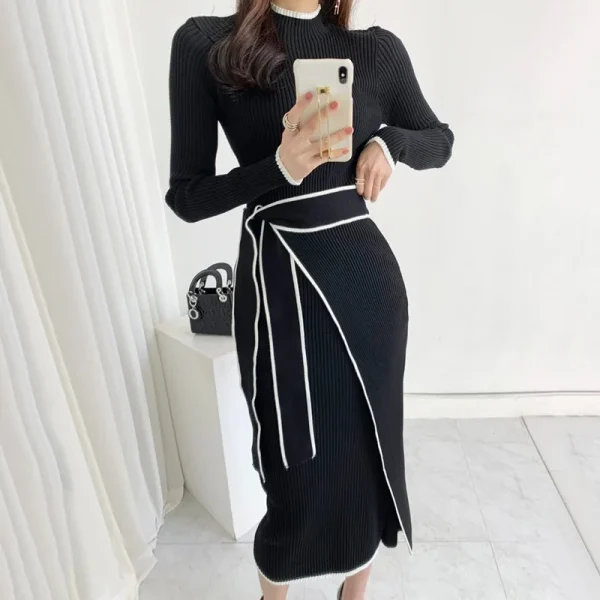 Elegant Lace-Up Turtleneck Knitted Dress - Image 4