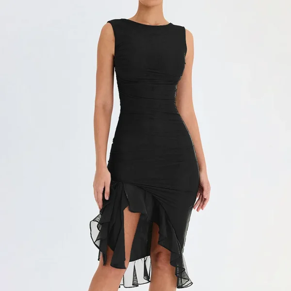 Elegant Ruffle Ruched Midi Dress