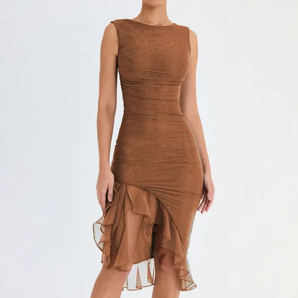 Elegant Ruffle Ruched Midi Dress - Image 3