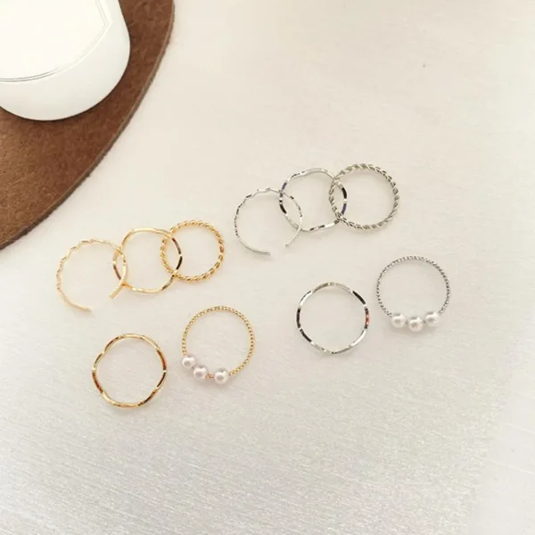 5-Piece Stackable Wavy & Faux Pearl Ring Set - Image 3