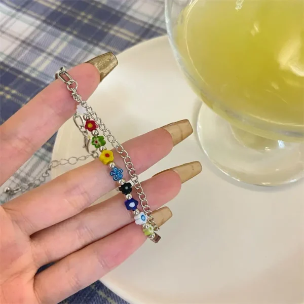 Colorful Glass Small Flower Double-Layer Bracelet - Image 3