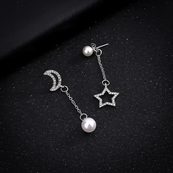 Asymmetric Moon & Star Rhinestone Earrings - Image 2