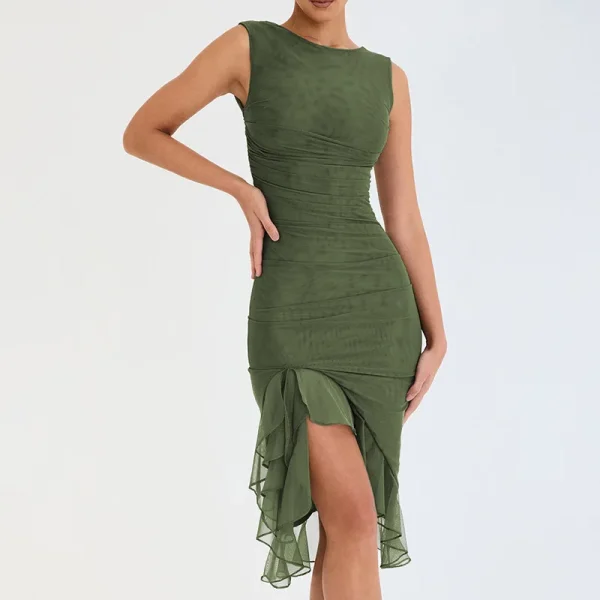 Elegant Ruffle Ruched Midi Dress - Image 4