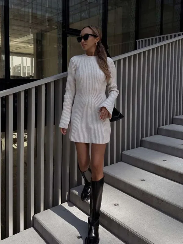 Women's Ribbed Knit Long-Sleeve Sweater Dress - Image 3