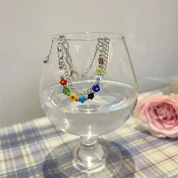Colorful Glass Small Flower Double-Layer Bracelet - Image 5