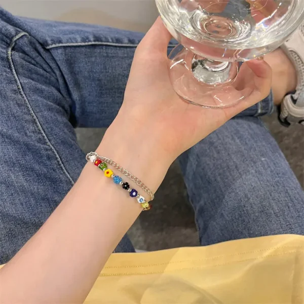 Colorful Glass Small Flower Double-Layer Bracelet - Image 2