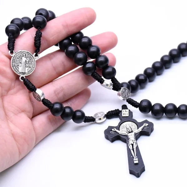 religious wooden antique black cross rosary pendant necklace