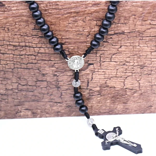 religious wooden antique black cross rosary pendant necklace