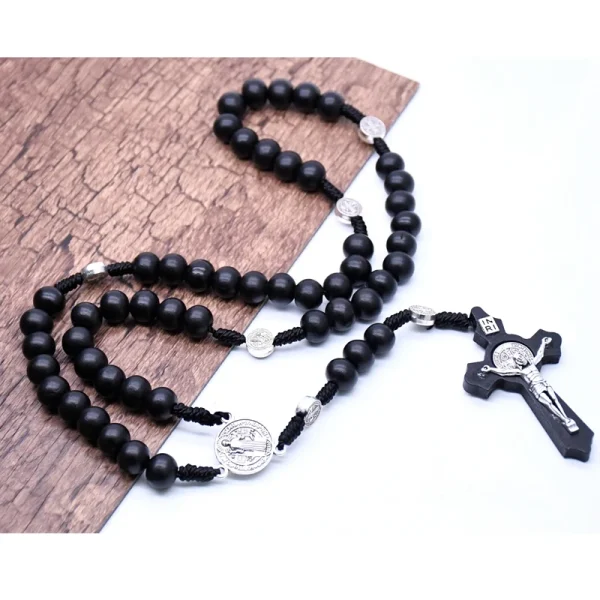 religious wooden antique black cross rosary pendant necklace