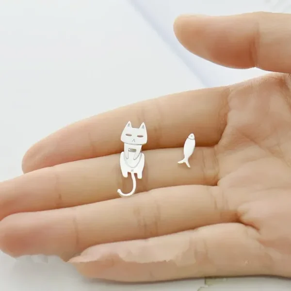 cat & fish silver stud earrings