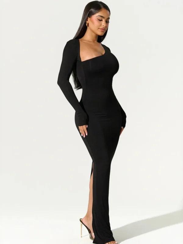 elegant asymmetrical black maxi dress