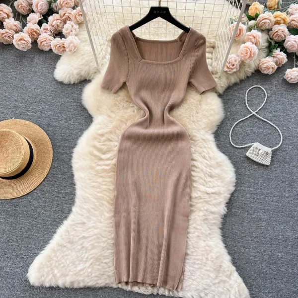 green knit square collar bodycon dress