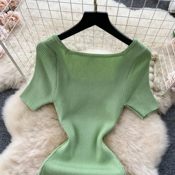 green knit square collar bodycon dress