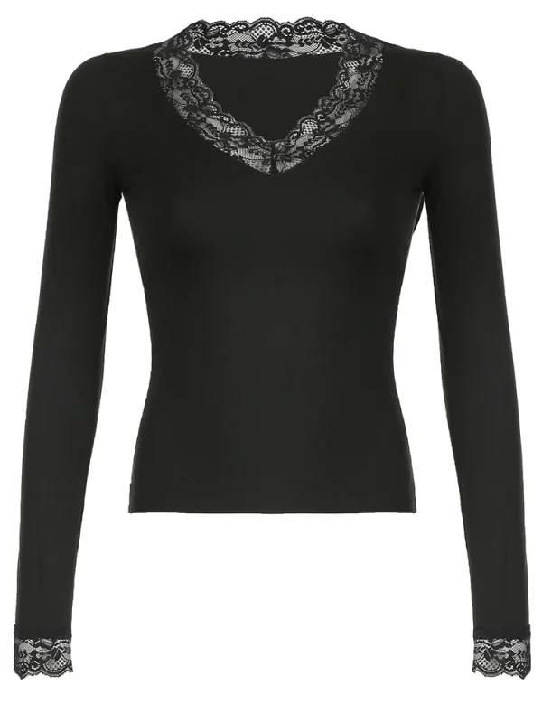 lace patchwork solid slim fit tee