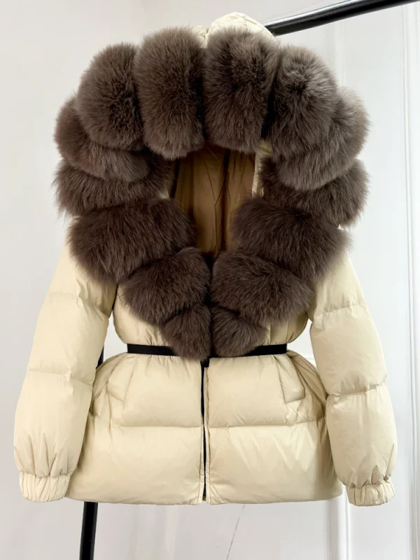 women’s real fox fur hooded parka with 90% white duck down