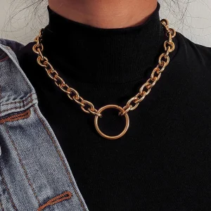 punk women hollow circle pendant linked curb chain necklace