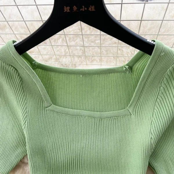 green knit square collar bodycon dress
