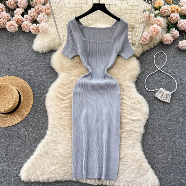 green knit square collar bodycon dress