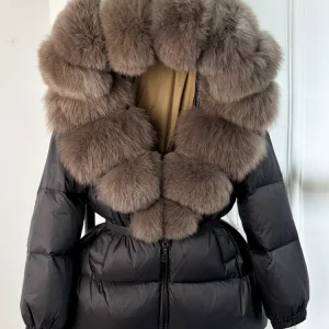 women’s real fox fur hooded parka with 90% white duck down