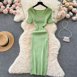 green knit square collar bodycon dress