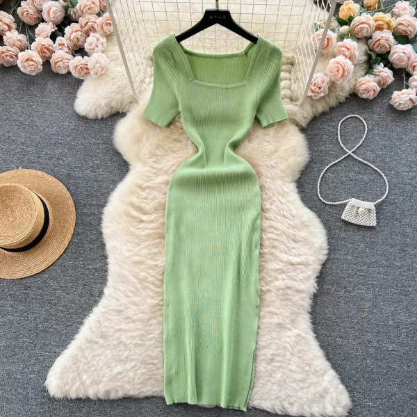 green knit square collar bodycon dress