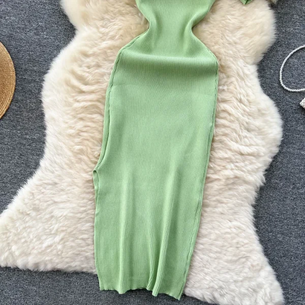 green knit square collar bodycon dress