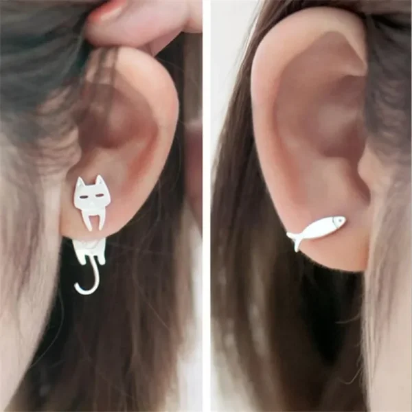 cat & fish silver stud earrings