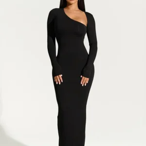 elegant asymmetrical black maxi dress