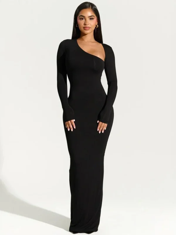 elegant asymmetrical black maxi dress