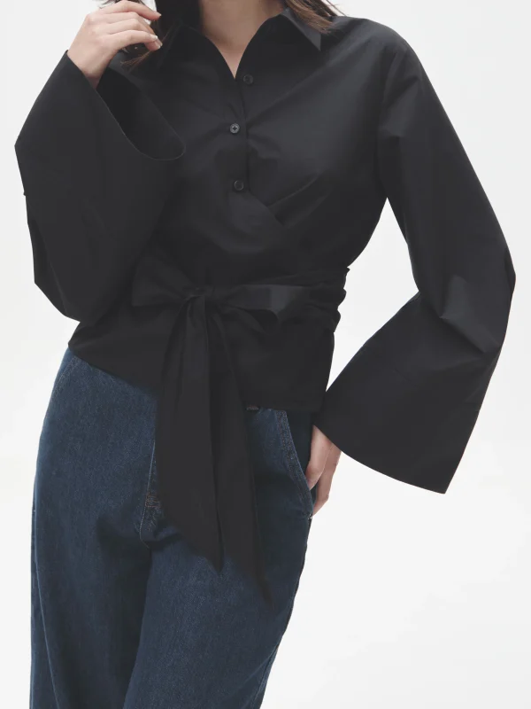 chic polo neck bow tie poplin shirt