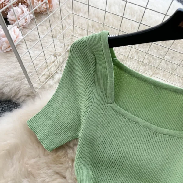 green knit square collar bodycon dress
