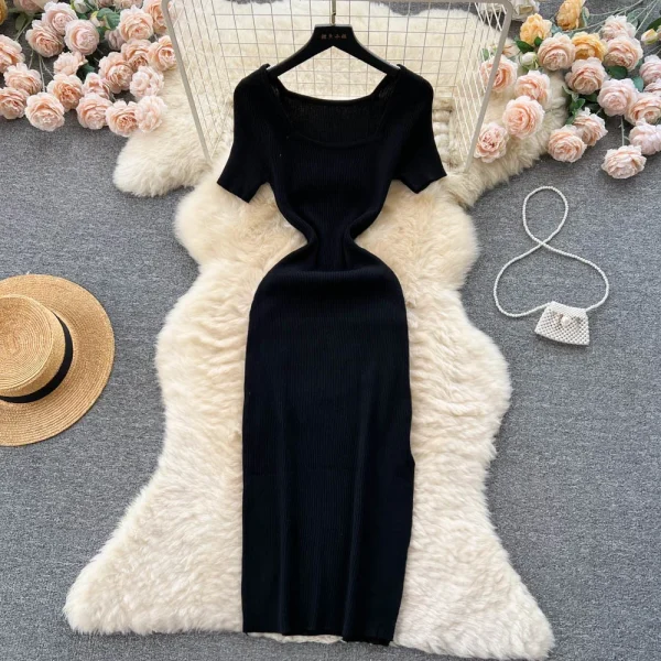 green knit square collar bodycon dress