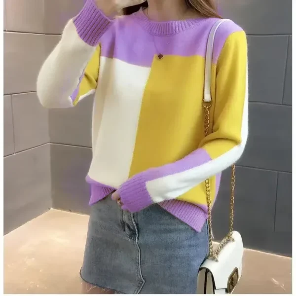 women's knitted ribbed o neck color contrast sweater