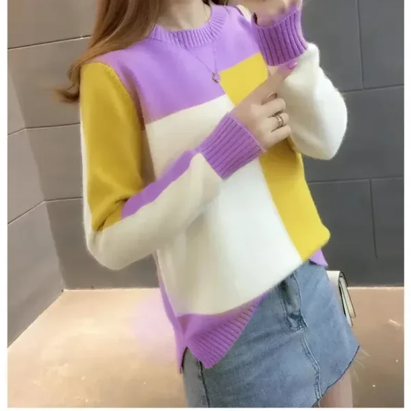 women's knitted ribbed o neck color contrast sweater