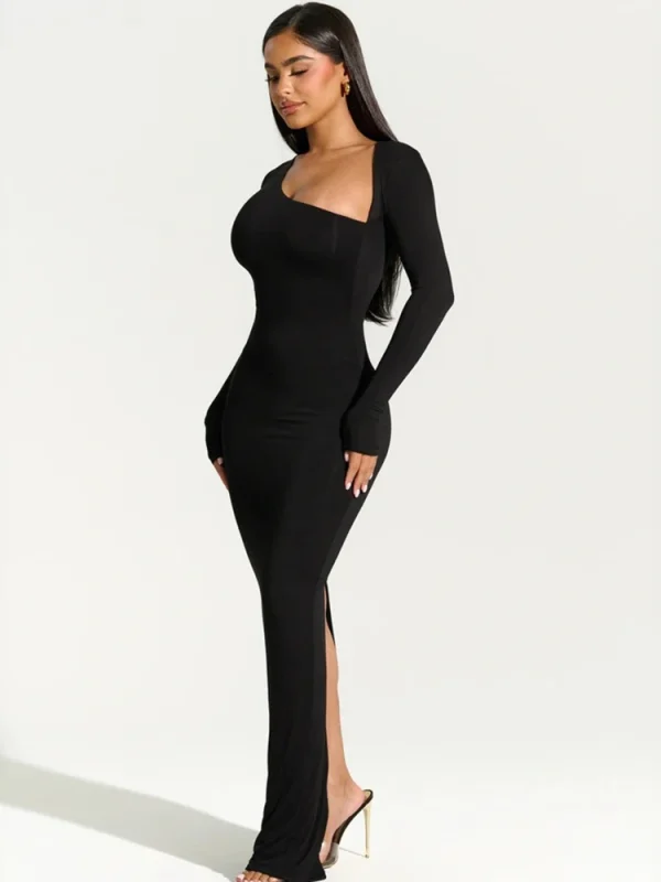 elegant asymmetrical black maxi dress